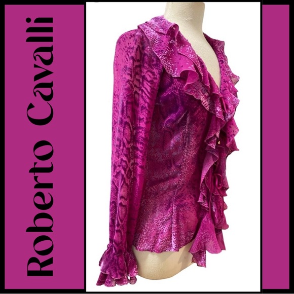ROBERTO CAVALLI Italy Magenta Silk Chiffon Cut Velvet Ruffle Fitted Blouse S NEW - Picture 2 of 7